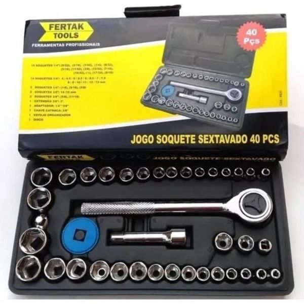 Jogo de Soquete Sextavado Com Chave Catraca 40 Peças Fertak