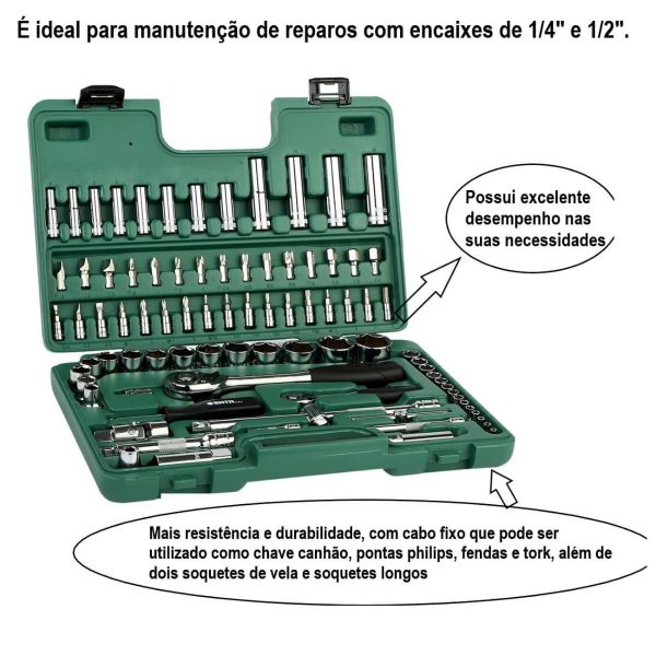 Jogo De Soquete Sextavado Com 88 Peças 1/4 1/2