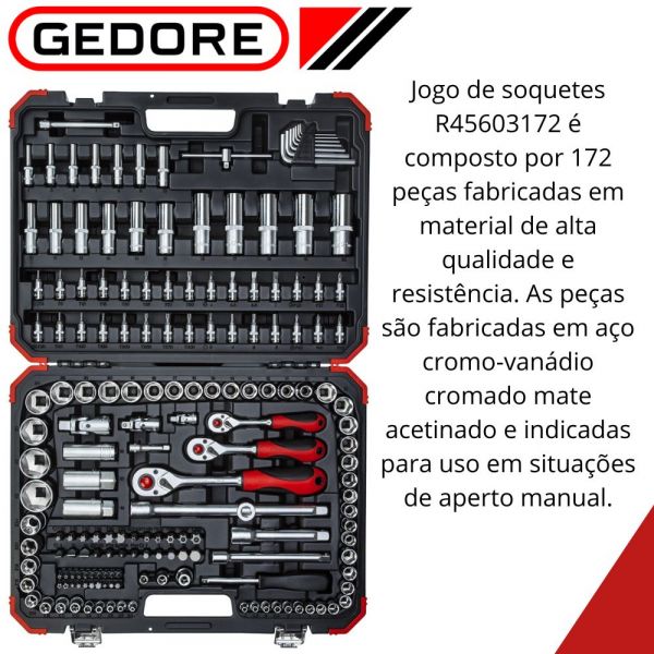 Jogo de soquetes 1/4, 3/8 e 1/2 Pol. sextavados 172 peças Gedore