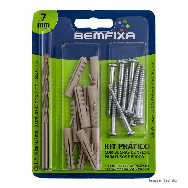 Kit Prático Alvenaria com Broca, Parafuso e Bucha 7mm Bemfixa