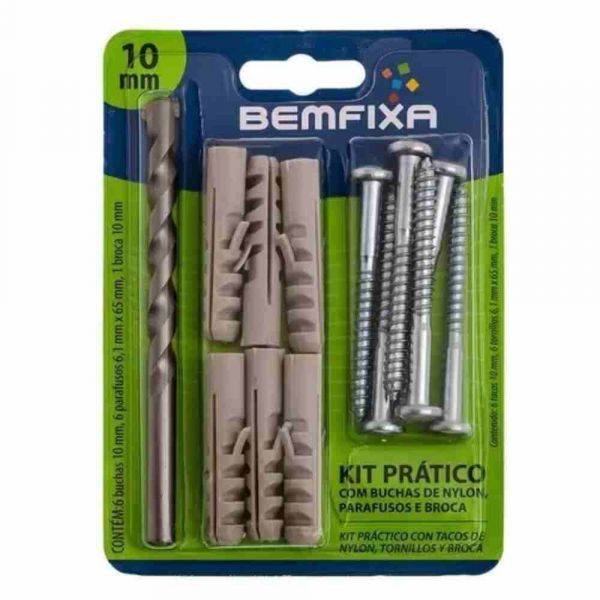 Kit Prático Universal com Bucha, Parafuso e Broca 10mm Bemfixa