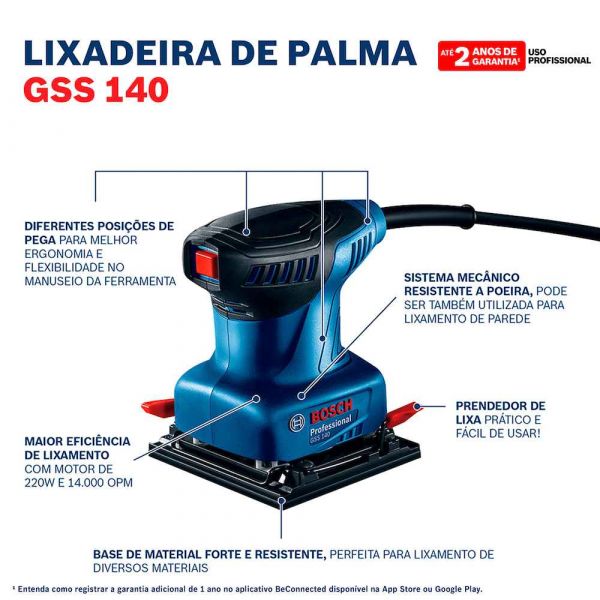 Lixadeira Orbital de Palma Bosch GSS 140 220W 220V 3 lixas