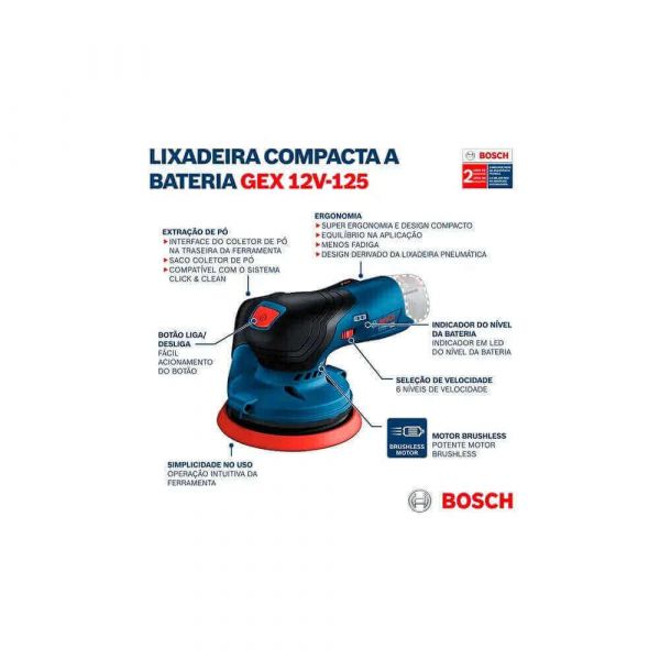 Lixadeira roto orbital a Bateria Bosch GEX 12V-125, Brushless, 12V Sem Bateria