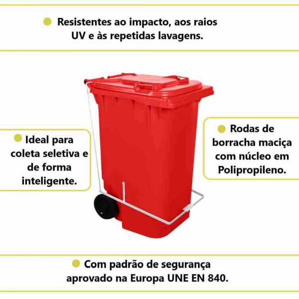 Lixeira 240 Litros Vermelho com Pedal Lar Plásticos
