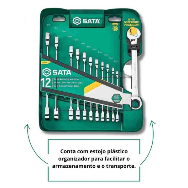 Jogo de Chave Combinada com Catraca 8 a 19 mm Speedy com 12 Peças Sata
