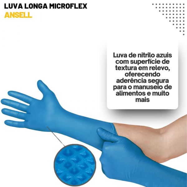 Luva Longa Microflex 93-283 Nitrílica Azul  Ansell