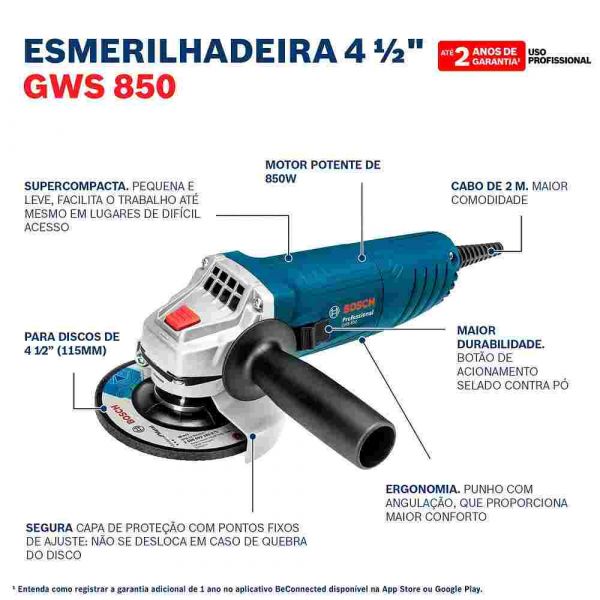Esmerilhadeira angular Bosch GWS 850 850W 220V com 3 discos