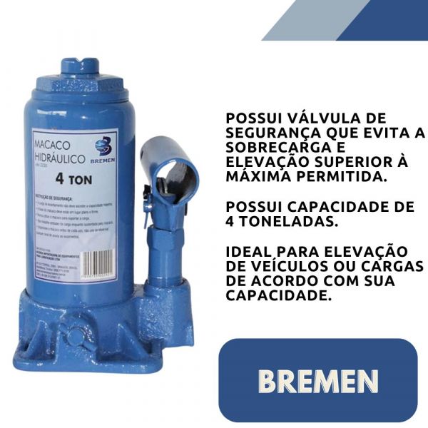Macaco Hidráulico Tipo Garrafa 4 Toneladas Bremen