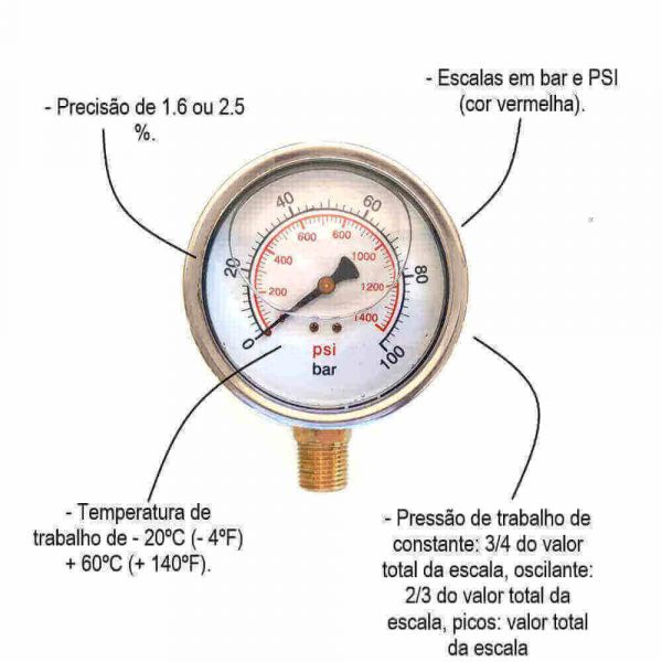 Manômetro Com Glicerina Bar 0-100 PSI 0-1400 Balflex