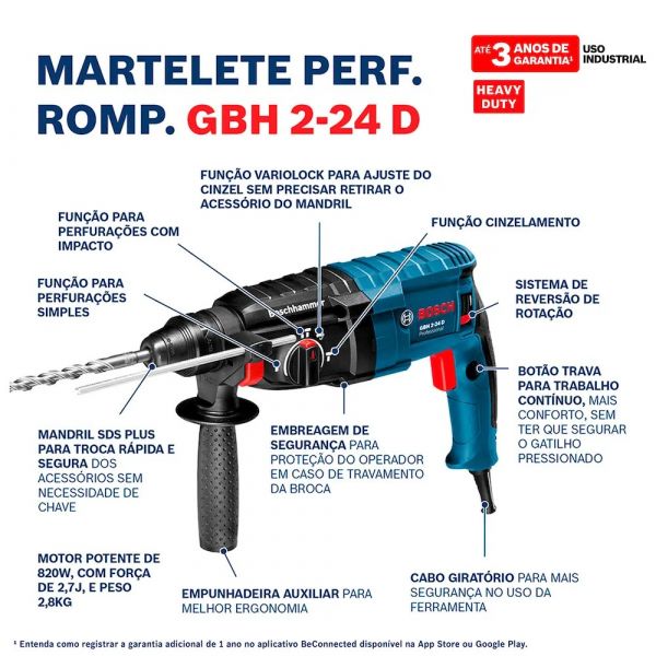 Martelete rompedor Bosch GBH 2-24 D 820W 220V