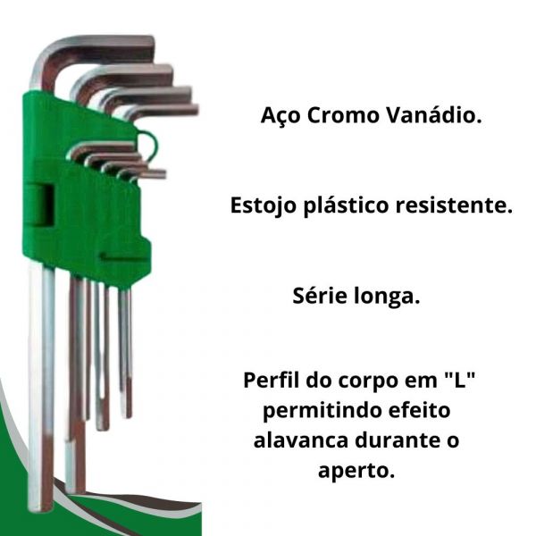 Chave Allen Tipo Estojo curva Longa com 9 Peças Carbografite