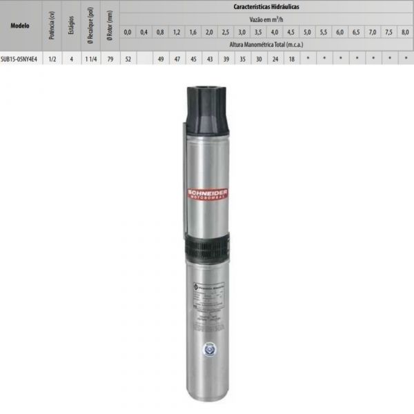 Motobomba Schneider SUB15 05NY4E4 1/2CV 230V M 2F