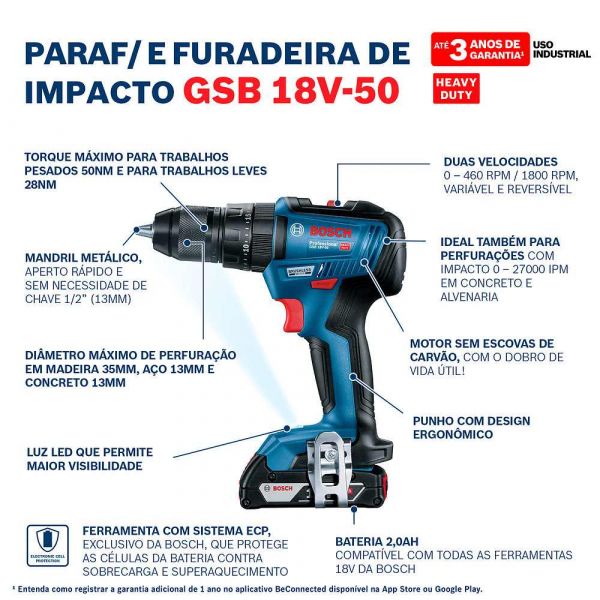 Parafusadeira Furadeira Impacto Brushless Bosch GSB 18V-50-1B5F | 1 bateria e carregador