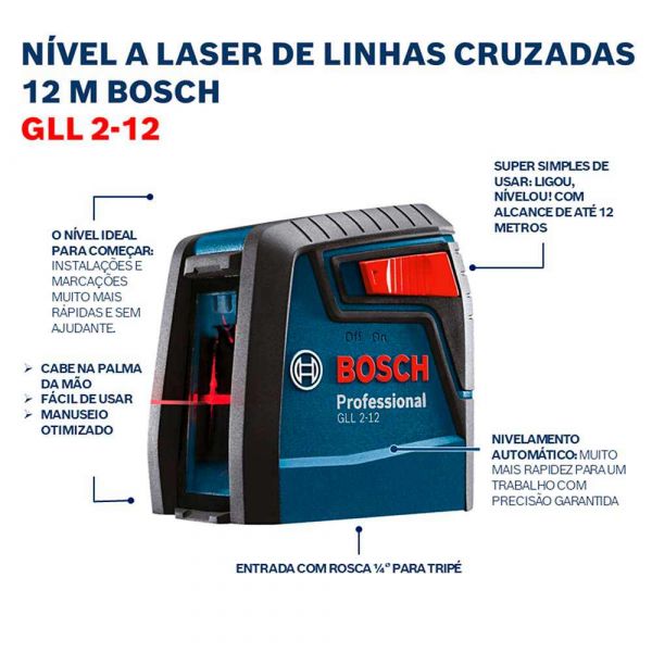 Nível a laser Bosch GLL 2-12 alcance 12m com suporte