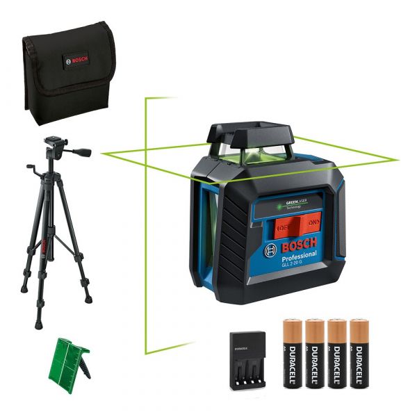 Nível a Laser GLL 2-20 G Verde 360° com Tripé + Pilhas Recarregáveis Bosch