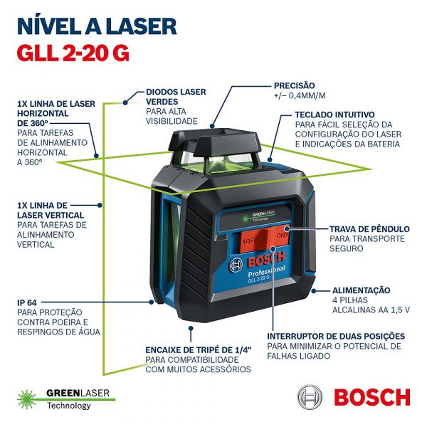 Nível a Laser GLL 2-20 G Verde 360° com Tripé + Pilhas Recarregáveis Bosch