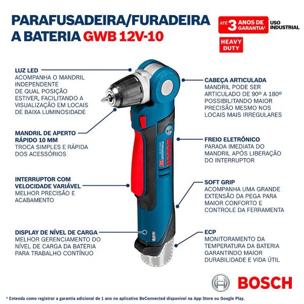 Parafusadeira e Furadeira Angular GWB 12V10 Bosch 