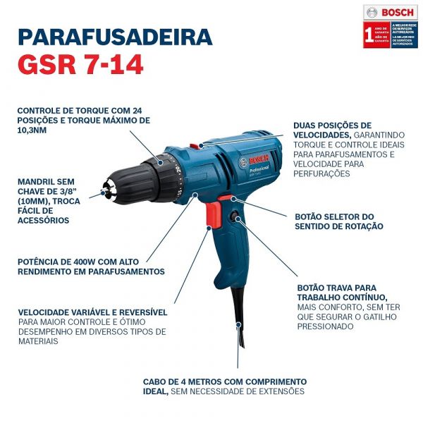 Parafusadeira e Furadeira Bosch GSR 7-14 E 400W 220V cabo de 4m