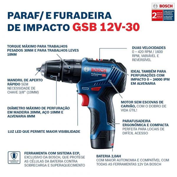 Parafusadeira Furadeira Bosch GSB 12V-30 Brushless 12V 2 baterias e maleta