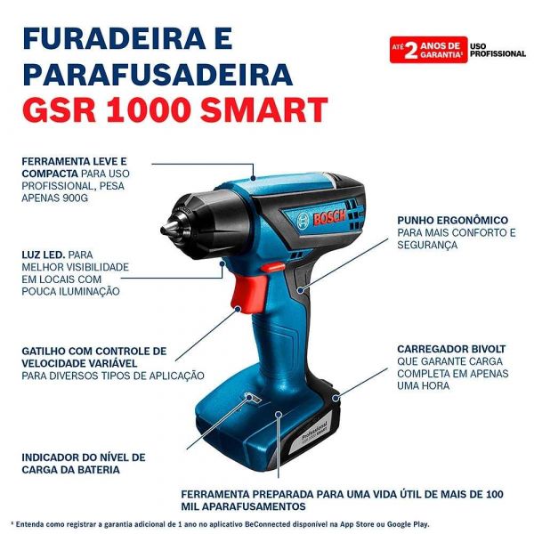 Parafusadeira Furadeira a bateria Bosch GSR 1000 Smart 12V 10 bits e maleta