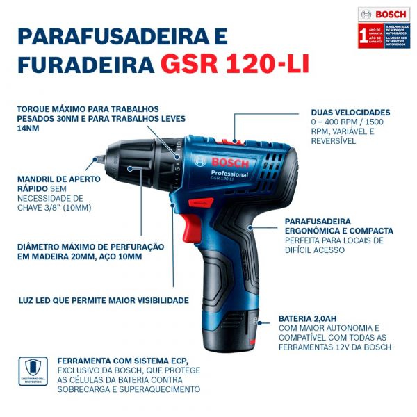 Parafusadeira Furadeira a bateria Bosch GSR 120-LI, 12V Sem Bateria