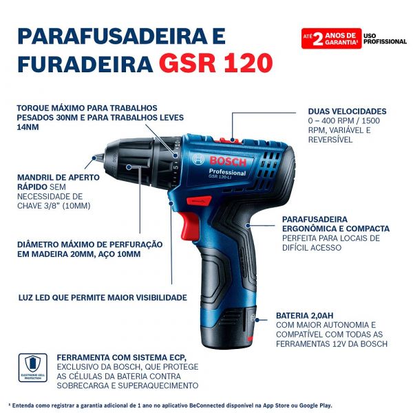 Parafusadeira Furadeira Bosch GSR 120-LI 12V 1 Bateria e maleta