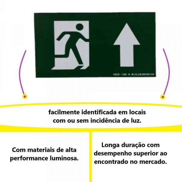 Placa de Sinalização 30X18 cm Luminescente Rota de Fuga para Cima