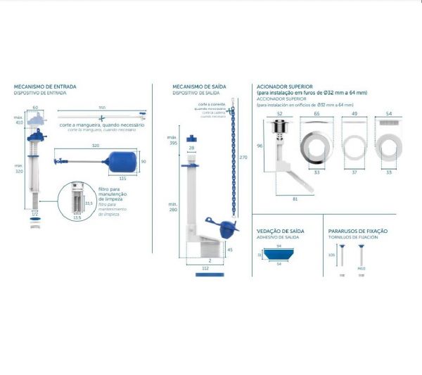 Kit Completo para Caixa Acoplada com Mecanismo de Acionamento Superior Blukit