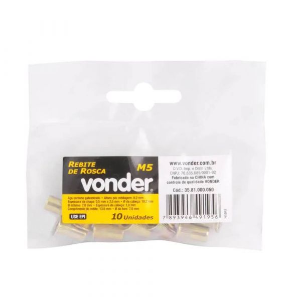 Rebite De Rosca Ac M5 Para Rebitadeira Manual Com 10 Unidades Vonder