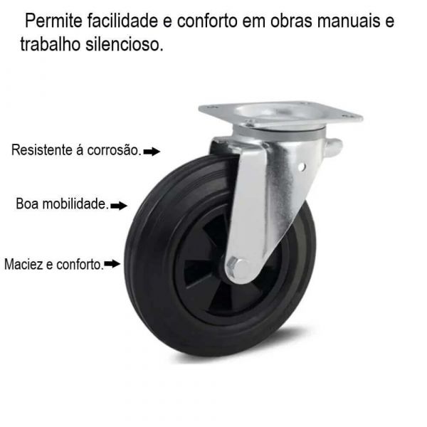 Rodízio Giratório 8” Com Placa e Freio Roda Borracha Maciça Colson