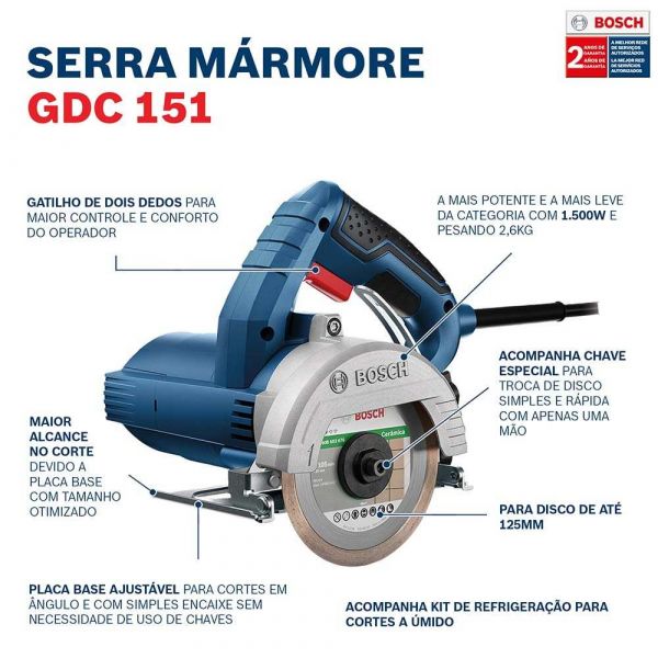 Serra Mármore Bosch GDC 151 TITAN 1500W 220V disco, kit e maleta