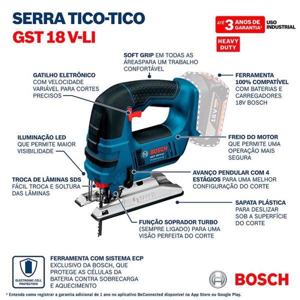 Serra Tico-Tico a Bateria Bosch GST 18V-LI, 18V, sem Bateria e sem Carregador, em Caixa de Papelão