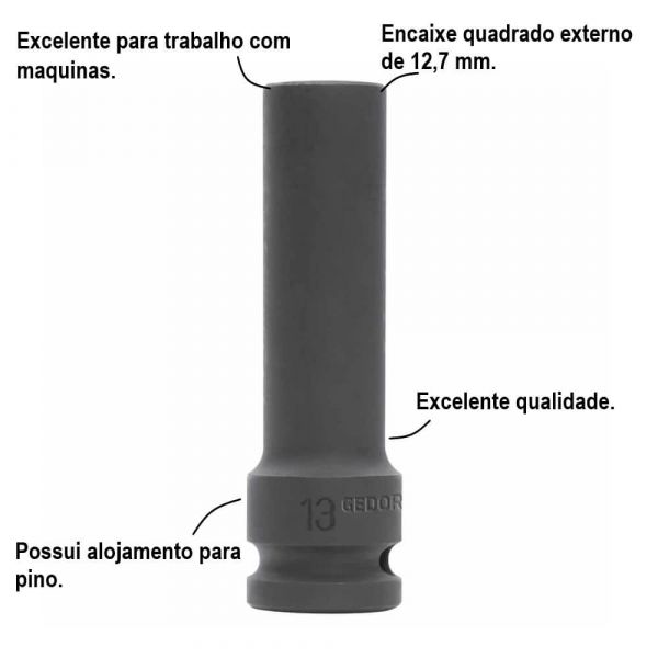 Soquete Impacto Sextavado Longo 13 mm Encaixe 1/2