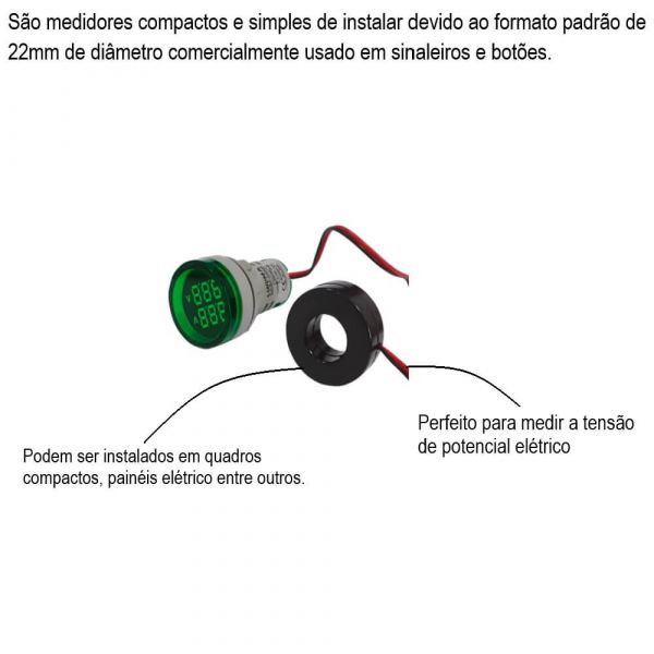 Voltímetro E Amperímetro Digital 22mm Verde 60 500V 100A Lukma